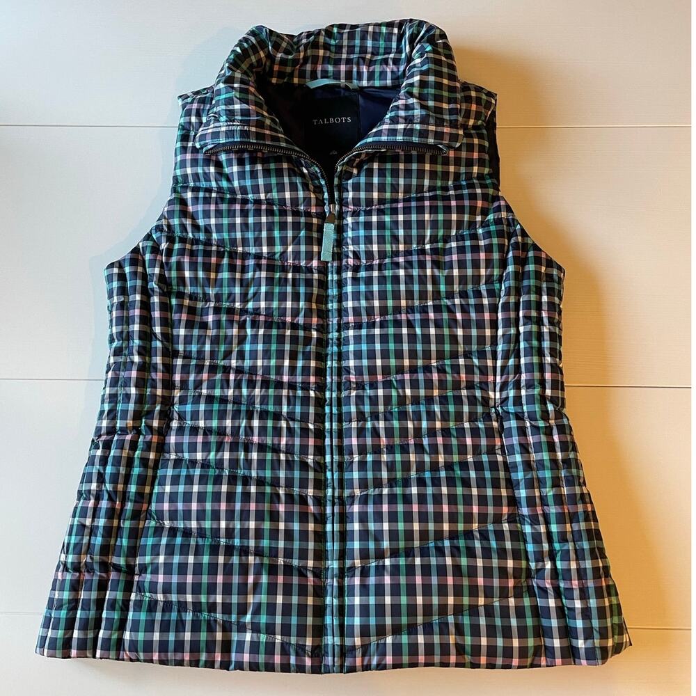 Talbots Womens M Navy Plaid Down Filled Quilted Puffer Vest Zip Pockets Preppy - Picture 11 of 13